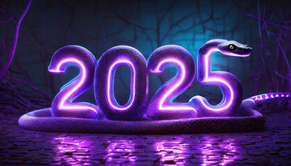 New Year 2025 numbers. snake,neon glow,purple background. Year of the snake, New Year concept. Illustration.