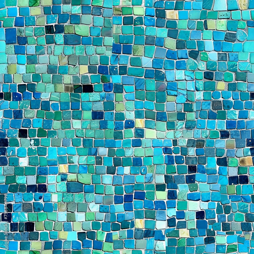 Poster shades of blue and green blend harmoniously in intricate mosaic tiles to create a serene and captiva