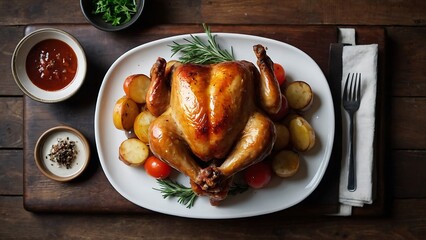 roasted turkey garnished , thanksgiving dinner with whole roasted turkey or chicken on rustic wooden table.