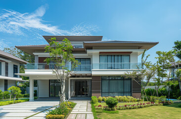 Modern new house exterior with white colored walls and a blue sky background, a contemporary two story home in Thailand. A white house with a green grass lawn