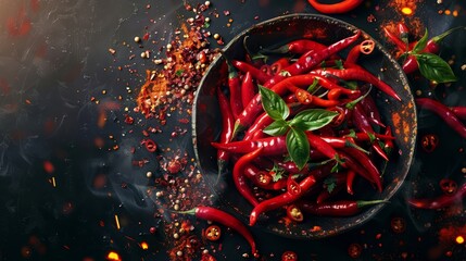 A dynamic composition featuring vibrant red chili peppers and assorted spices in a dark pan, symbolizing heat and flavor.