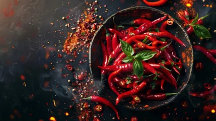 Photo sur Aluminium Piments forts A dynamic composition featuring vibrant red chili peppers and assorted spices in a dark pan, symbolizing heat and flavor.