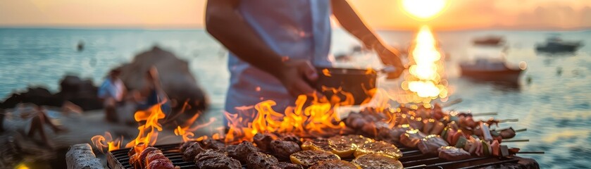 A picturesque scene of a beachside barbecue at sunset, featuring a flaming grill with assorted meats and a serene sea backdrop.