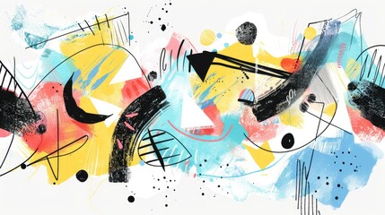 Abstract graffiti artwork with flowing shapes and splatters in yellow and blue hues. Modern abstract painting