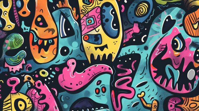 Colorful and whimsical street art with vibrant cartoon-like characters and patterns. Graffiti illustration