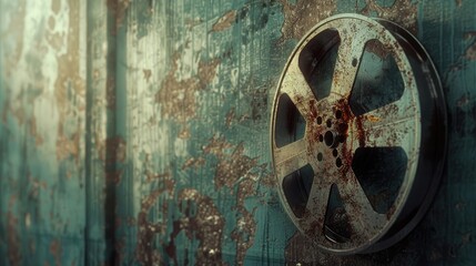 Antique film reel against a peeling turquoise painted backdrop. Retro cinema equipment concept for design and print