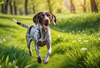 A dog german shorthaired pointer with a happy face runs through the colorful lush spring green grass