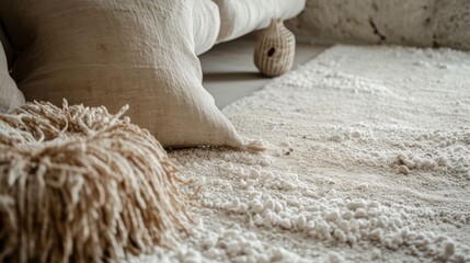 Close-up of a textured beige and white rug with a folded knitted blanket and pillow. Interior in retro style. Selective focus. Texture of homespun vintage items.