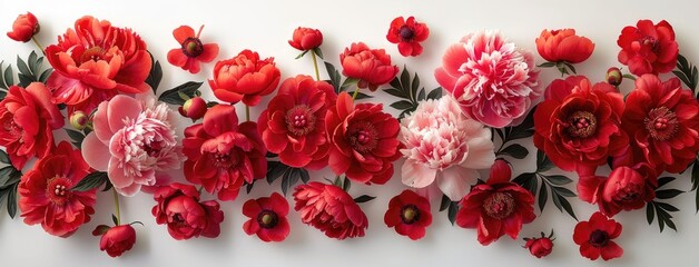 a floral bouquet of vibrant red peony flowers bordering a crisp white background, creating a striking visual contrast and leaving ample space for text.