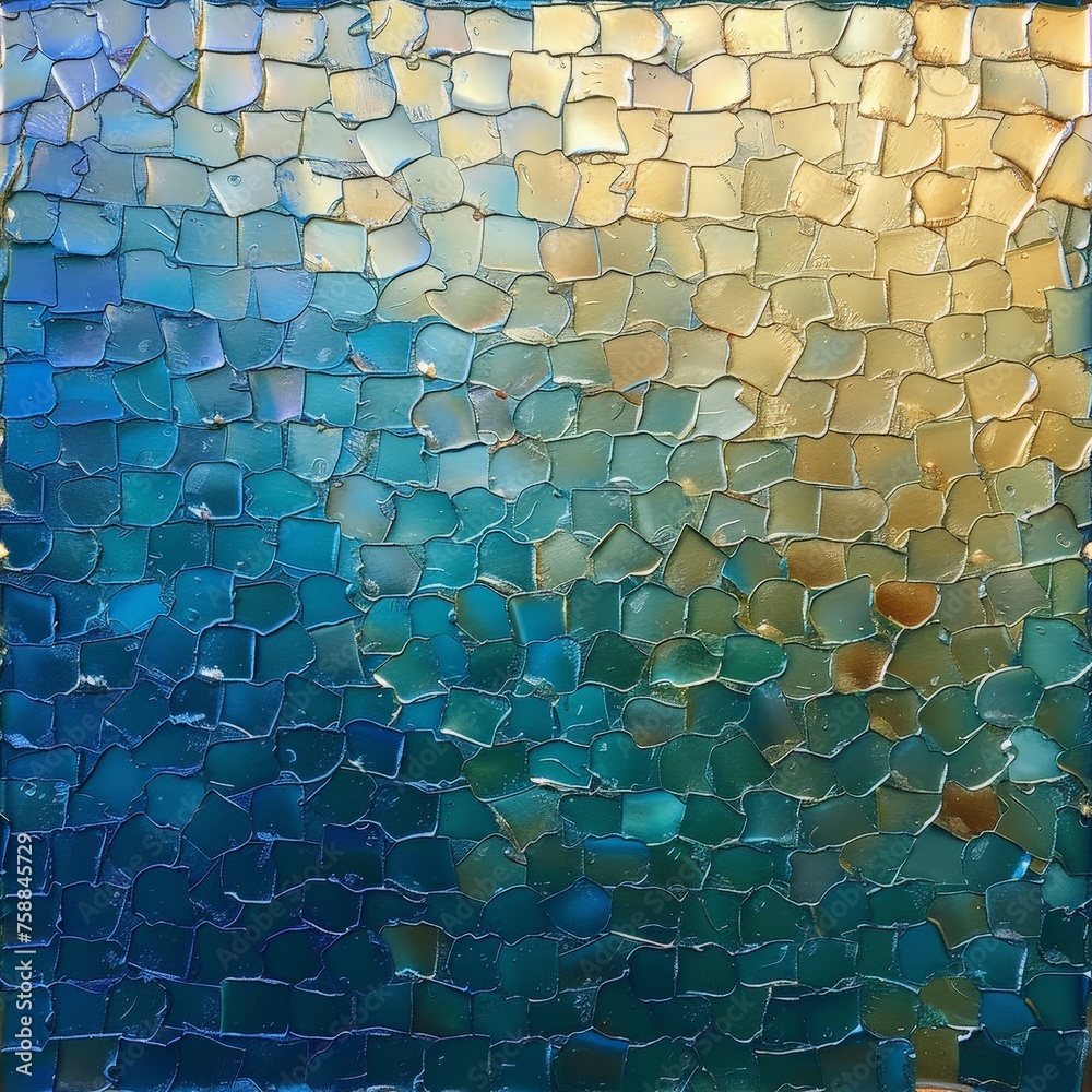 Fototapete A detailed view of a beautiful mosaic tile pattern featuring intricate designs in shades of blue and yellow, creating a striking visual effect