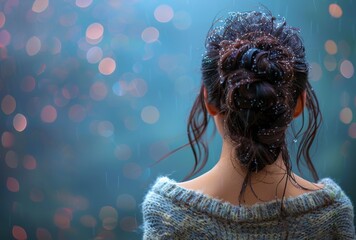 A depressed dishevelled little girl in the rain on a blue bokeh glittery background, back view.