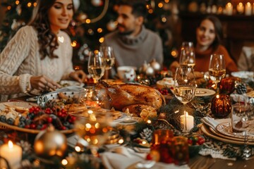 A diverse group of people gather around a beautifully set dinner table, engaged in conversation and laughter, enjoying each others company