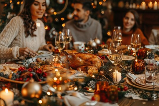 A diverse group of people gather around a beautifully set dinner table, engaged in conversation and laughter, enjoying each others company