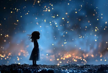 A depressed dishevelled little girl in the rain on a blue bokeh glittery background, back view. - obrazy, fototapety, plakaty