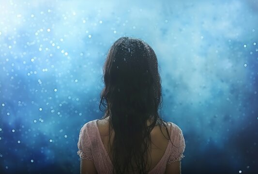 A depressed dishevelled little girl in the rain on a blue bokeh glittery background, back view.