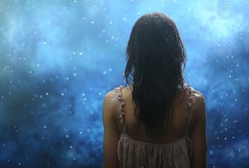 A depressed dishevelled little girl in the rain on a blue bokeh glittery background, back view.