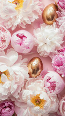 a background of pink and white peonies with a few gold easter eggs covering only 30% of the image, minimal, solid pastel pink color background 