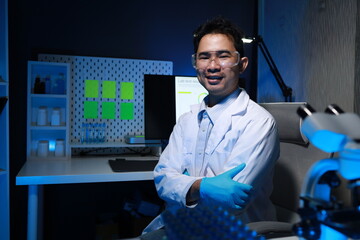 The atmosphere inside the laboratory has Scientists, chemists, biologists, researchers, Scientists sit in a lab with many experimental equipment, Experimental scene in the laboratory