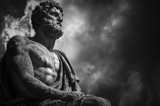 Mysterious ancient greek, roman male stoic statue, sculpture in dramatic lighting, shadows highlighting the impressive muscular build and classical beauty. 