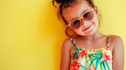 Cute little girl smiling and wearing sunglasses over yellow background with empty space for text. Summer vacation concept.