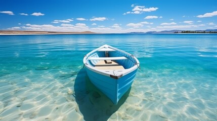 Sunny tropical paradise beach with scenic boat, ideal copy space for relaxation and vacations