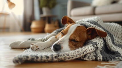 Young dog sleeping on knitted plaid on the floor of living room