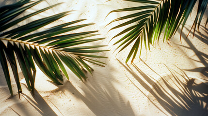 Sunny tropical sand beach with palm trees and shadows with empty space for text or product...
