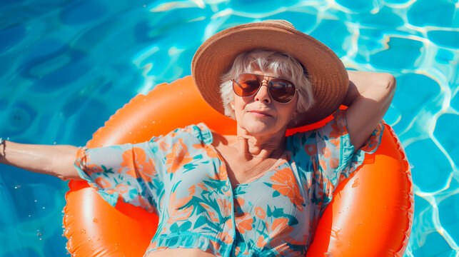 Top view photo of elderly woman relaxing on inflatable ring white swimming in the pool. Summer vacation concept.