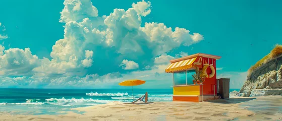 Foto op Canvas A beach scene with a red and yellow beach hut and a yellow umbrella © IonelV