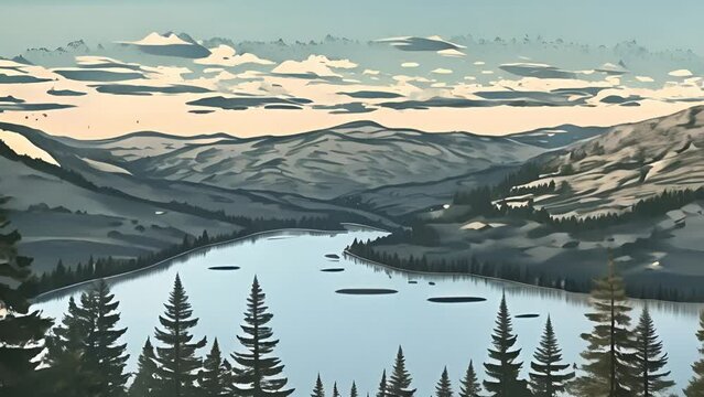 Delicate Lake Impression: Softly Rendered Illustration with Minimal Colors
