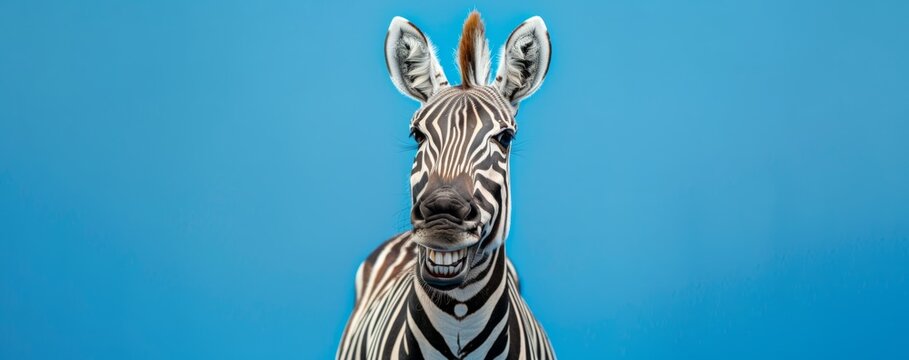 A smiling zebra on a blue background	

