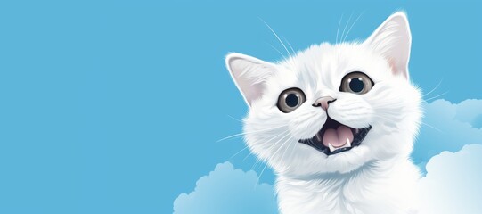 A smiling white kitten on a blue background and copy space