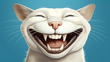 Caricature of a smiling cat on a blue background - obrazy, fototapety, plakaty