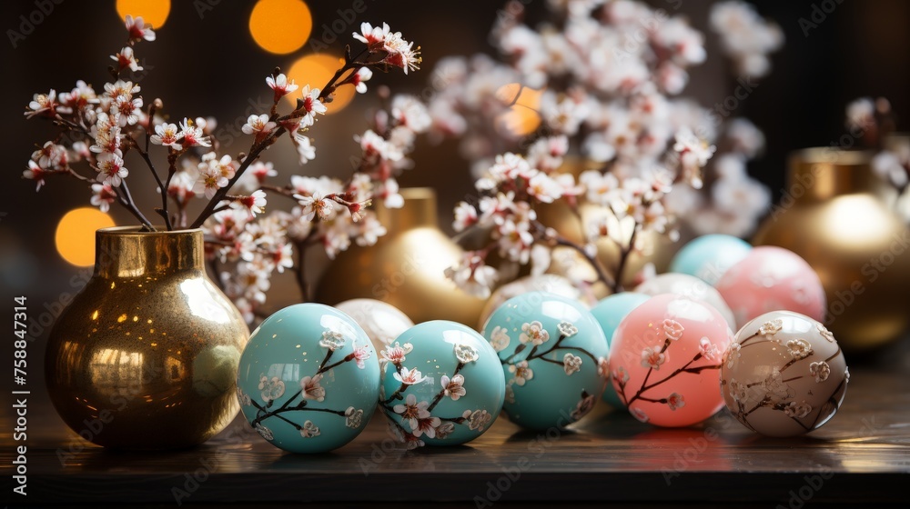 Leinwandbilder a colorful display of painted eggs adorns a row of vases, creating a vibrant and playful composition
