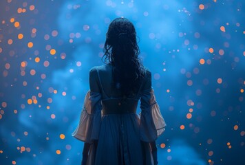 A depressed dishevelled little girl in the rain on a blue bokeh glittery background, back view.
