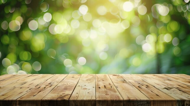 Empty wood table on bokeh green background