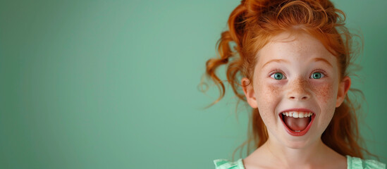 One silly shocked happy young 7 yr old girl portrait red ginger curly hair mouth open surprised excited funny healthcare education wellness campaign isolated on plain mint green background copyspace  - Powered by Adobe