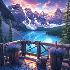 Experience the serene beauty of Banff National Park's iconic Moraine Lake. This image captures the stunning landscape and serves as a perfect backdrop for any nature-inspired project. - obrazy, fototapety, plakaty