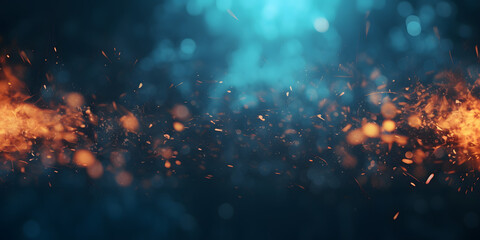 Industrial abstract blue background with flying fire particles - obrazy, fototapety, plakaty
