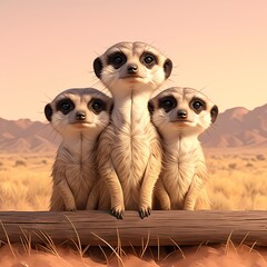 An intimate family portrait of three meerkats exploring their surroundings under a clear blue sky. A heartwarming depiction of wildlife in harmony with nature.
