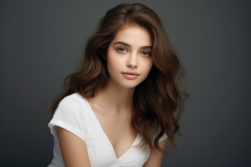 Naklejka premium A woman with long brown hair is sitting in a white shirt.
