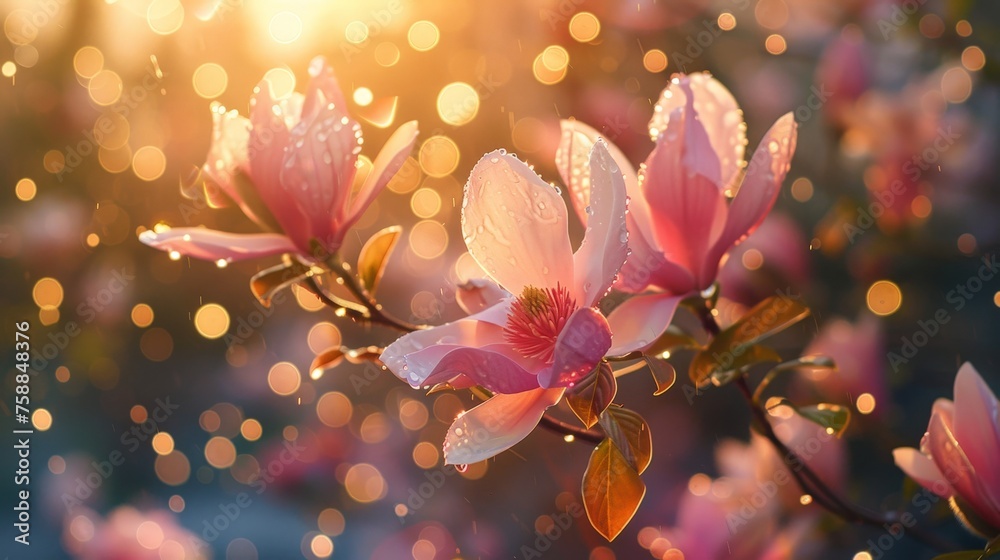 Wall mural Delicate pink flowers bask in the warm glow of a setting sun, with sparkling light creating a magical ambiance