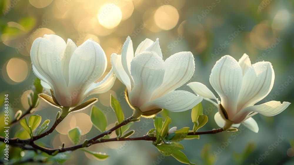 Poster White Magnolia flowers basking in the soft glow of a warm sunset, with a bokeh effect creating a tranquil background