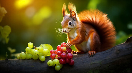 a squirrel is sitting on a branch with grapes and grapes in front of it, and a squirrel is standing on a branch with grapes in front of it