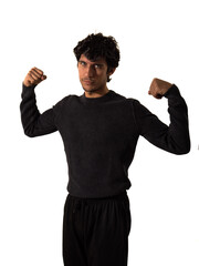 Muscular man in black sweater flexing