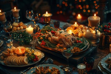 Obraz na płótnie Canvas A table is set with a roasted turkey, lit candles, and a spread of holiday delights, invoking a cozy, celebratory ambiance