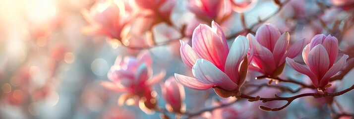 Sunlight kisses the delicate petals of magnolias, casting a warm glow at dusk