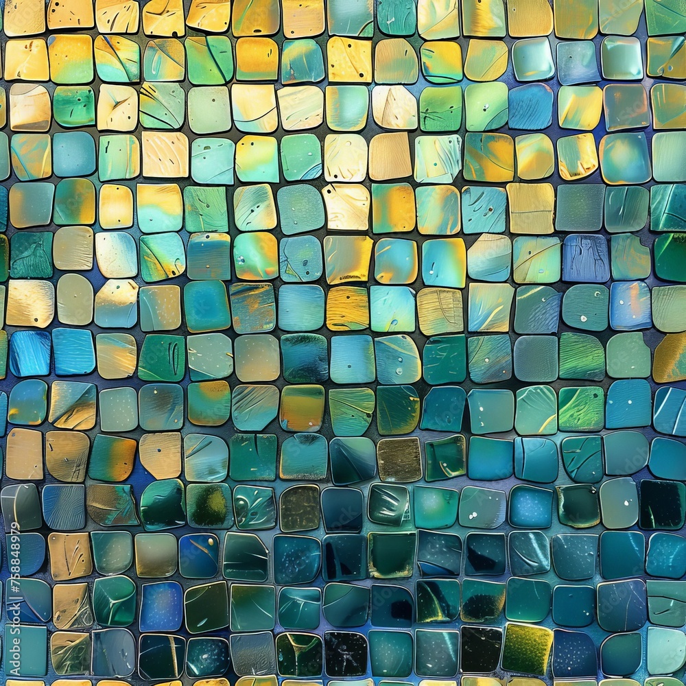 Aufkleber a detailed close-up of a blue green vibrant mosaic tile wall, showcasing a beautiful array of colors