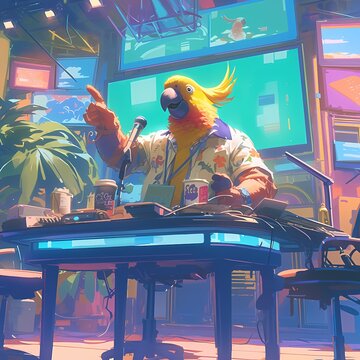 Vibrant Parrot Engaging Audience at Colorful Talk Show Set