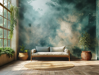 A cozy nook with a modern sofa, wicker rug, and lush indoor plants bathed in natural light - obrazy, fototapety, plakaty